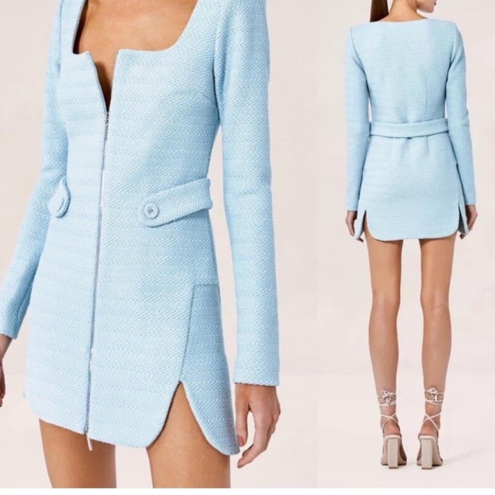 ALEXIS Elvire Structured Textured Long Sleeve Tweed Mini Dress Light Blue Sm